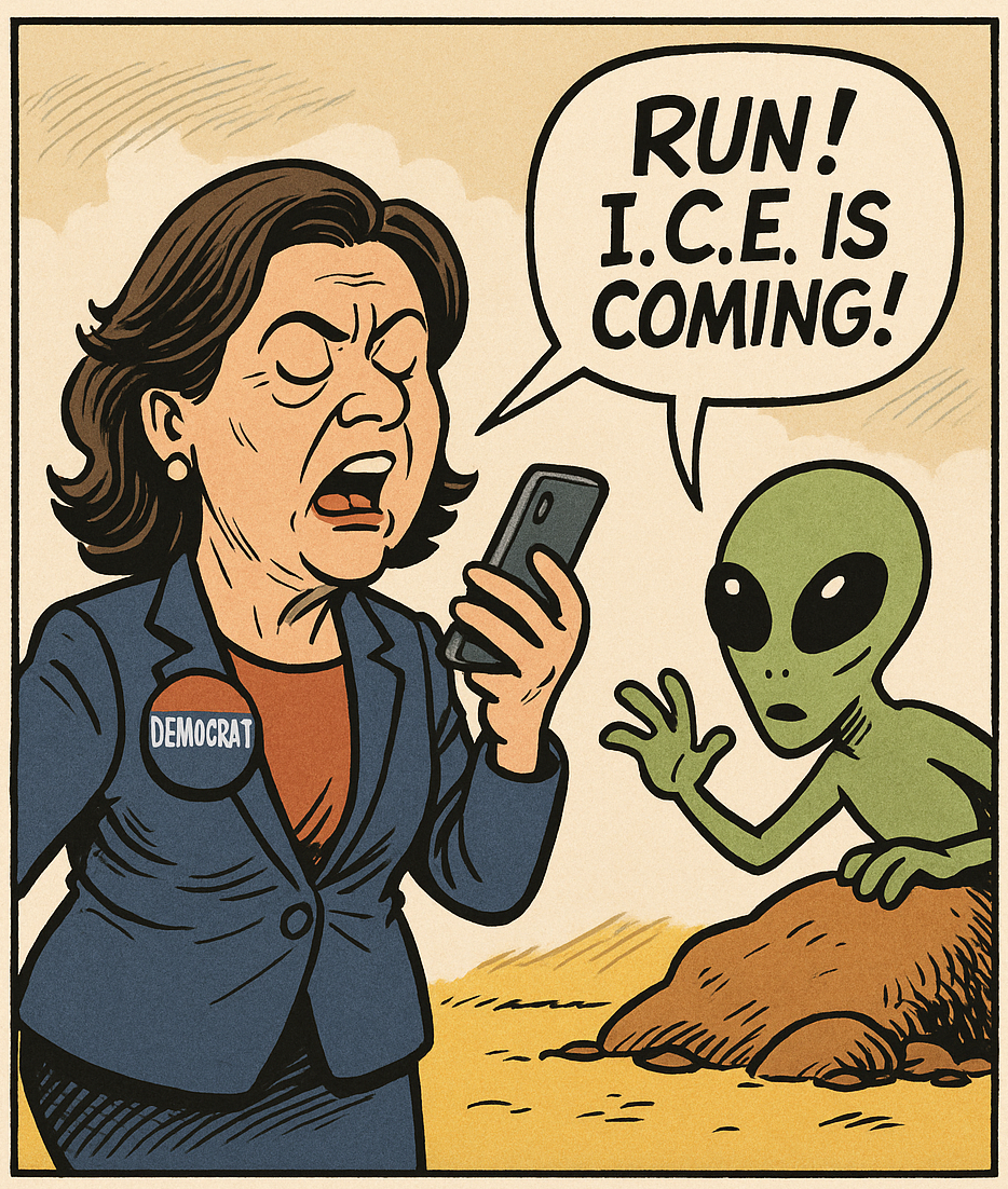 Cartoon of female democrat politician warning an alien that ICE is coming